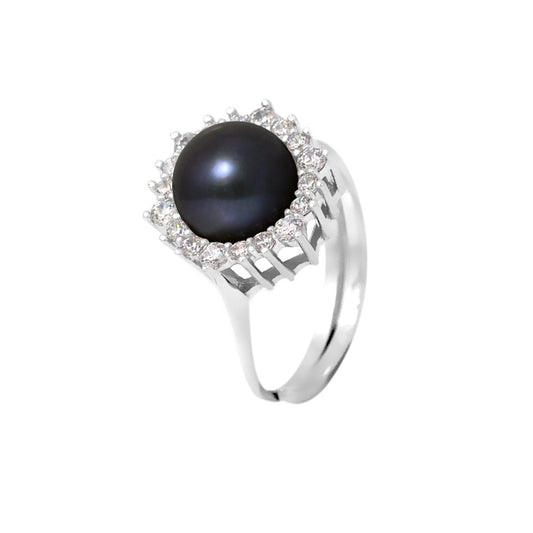 PERLINEA- Bague- Perles de Culture d'Eau douce- Bouton Diamètre 8-9 mm Black Tahiti- Taille R‚glable- Bijou Femme- Argent 925 Millièmes