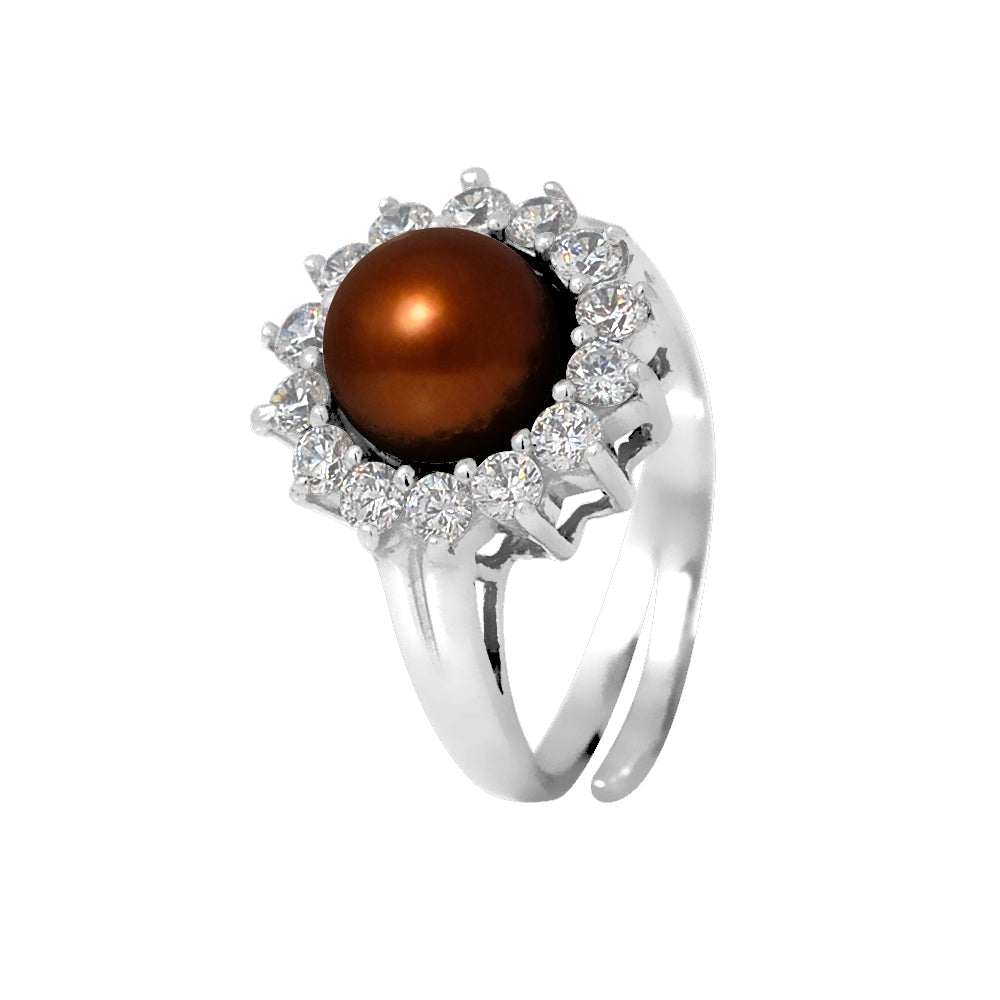 PERLINEA- Bague- Perles de Culture d'Eau douce- Bouton Diamètre 9-10 mm Chocolat- Taille R‚glable- Bijou Femme- Argent 925 Millièmes