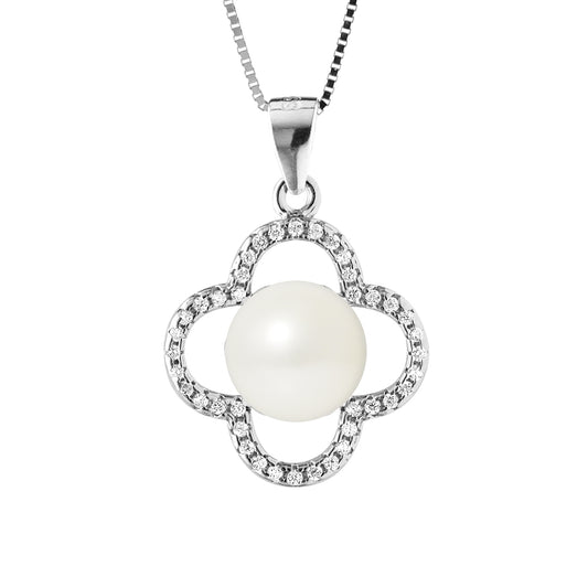 PERLINEA- Collier TrŠfle- Perle de Culture d'Eau Douce- Diamètre 9-10 mm Blanc- Bijou Femme- Argent 925 Millièmes