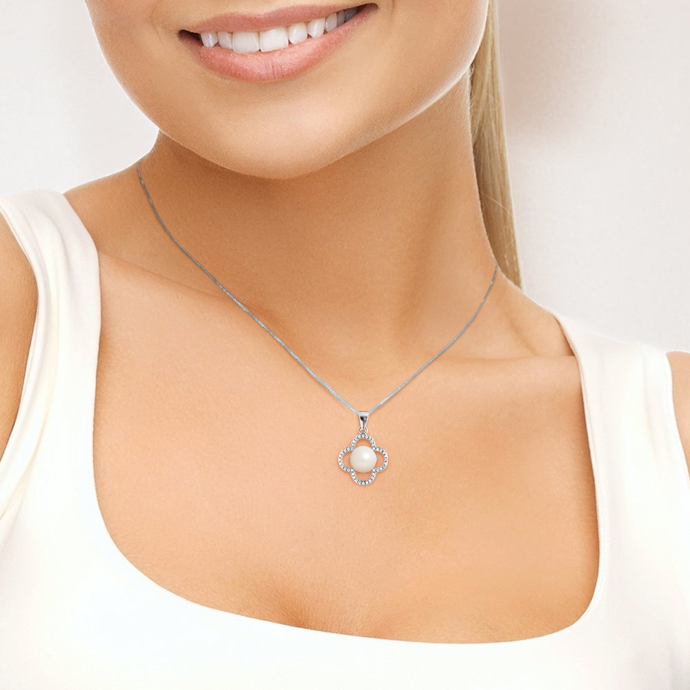 PERLINEA- Collier TrŠfle- Perle de Culture d'Eau Douce- Diamètre 9-10 mm Blanc- Bijou Femme- Argent 925 Millièmes