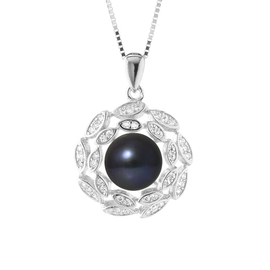 PERLINEA- Collier Corolle- Perle de Culture d'Eau Douce  Bouton 8-9 mm Black Tahiti- Bijou Femme- Argent 925 Millièmes